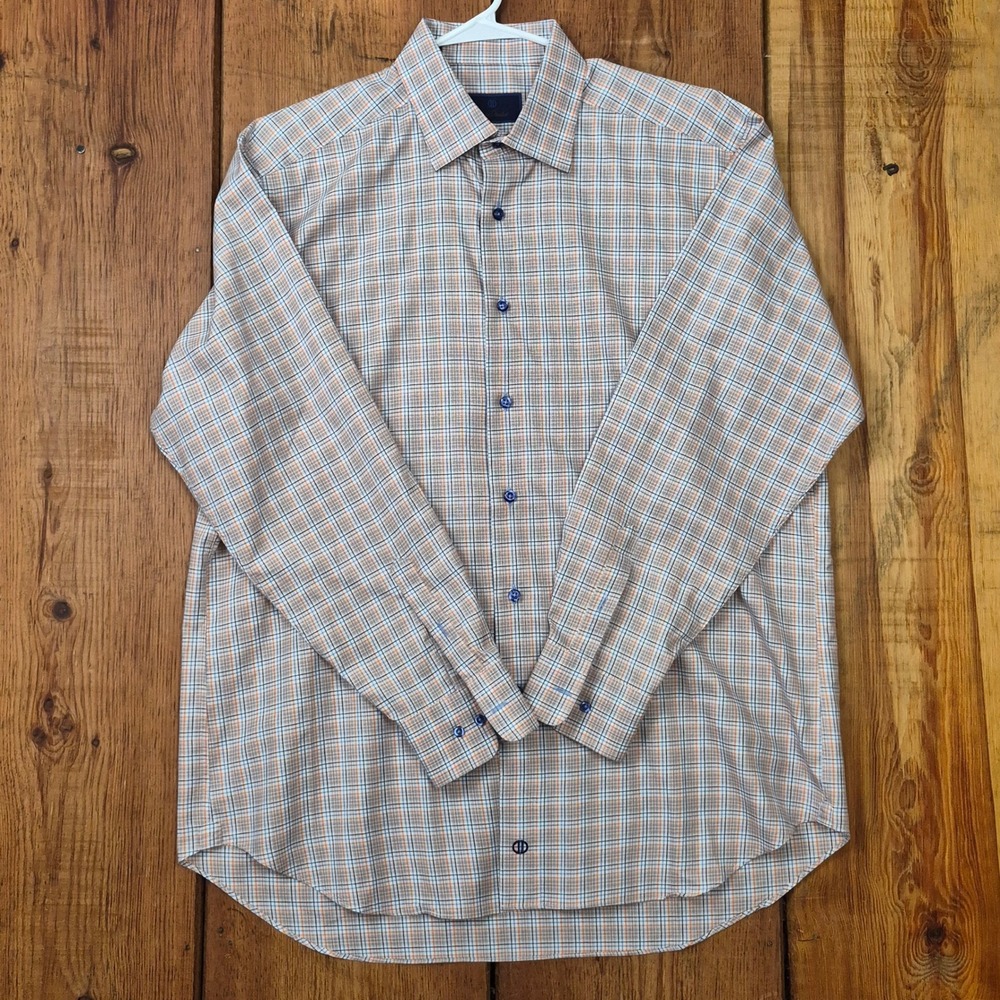 David Donahue Men's Plaid Button Down Shirt 17 34/35 Orange Blue 100% Cotton